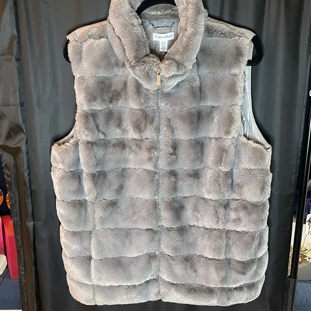 Brand New Calvin Klein Tin Colored Faux Fur Vest